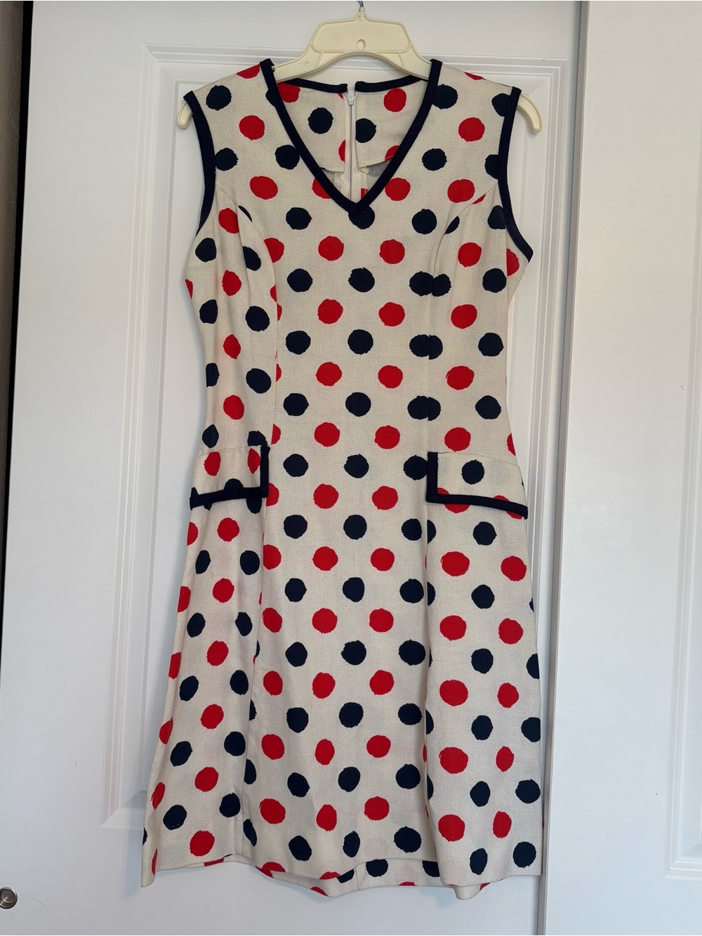 Vintage White Dress with red and navy blue polka dots women’s size Small